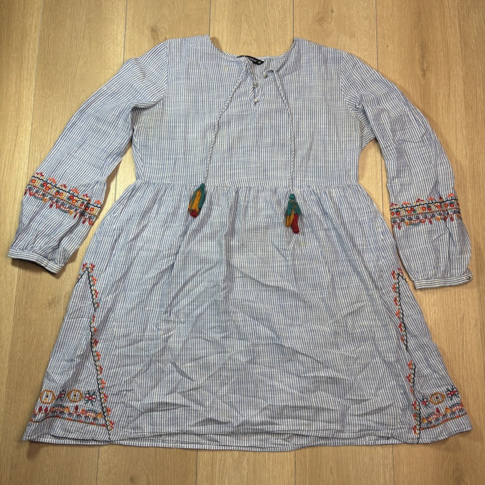 LCW Modest Blue White Striped Embroidered Peasant Babydoll Dress Tassels 40 BOHO